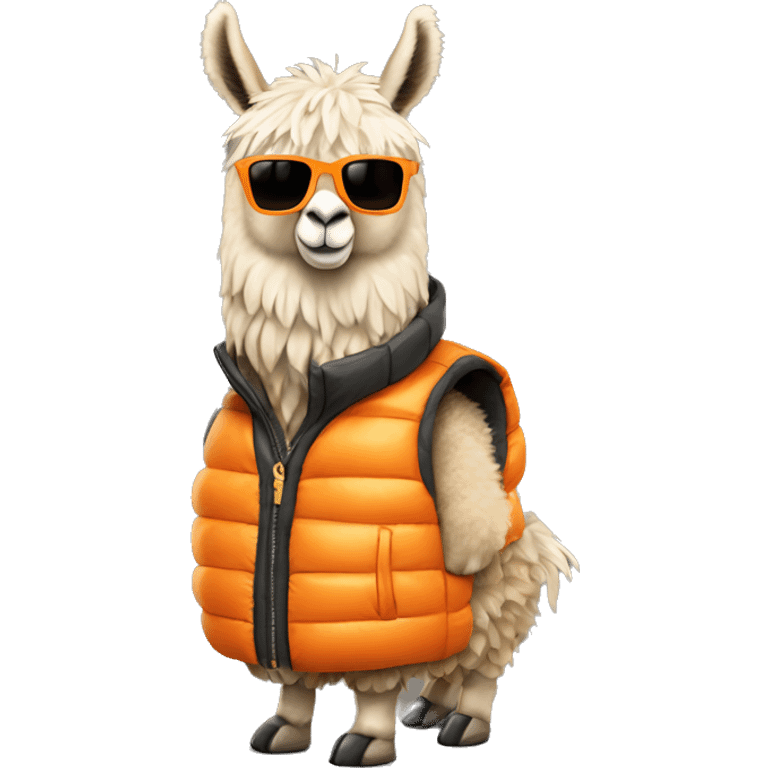 llama wearing an orange puffer vest and sun glasses full body emoji