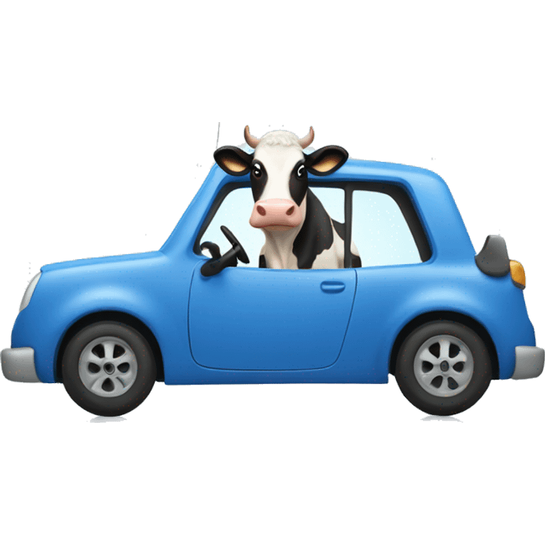 Cow driving blue car with baby in back emoji