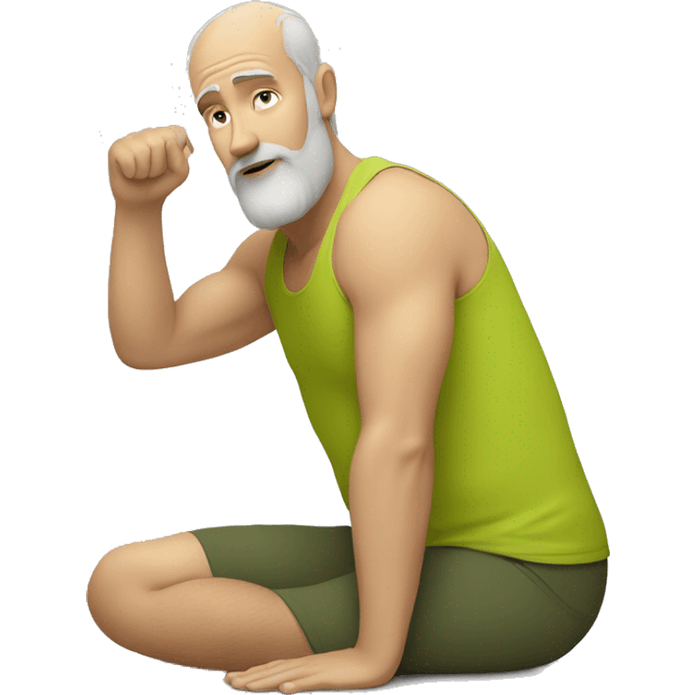 white bearded man doing yoga wearing a chartreuse tank top  emoji