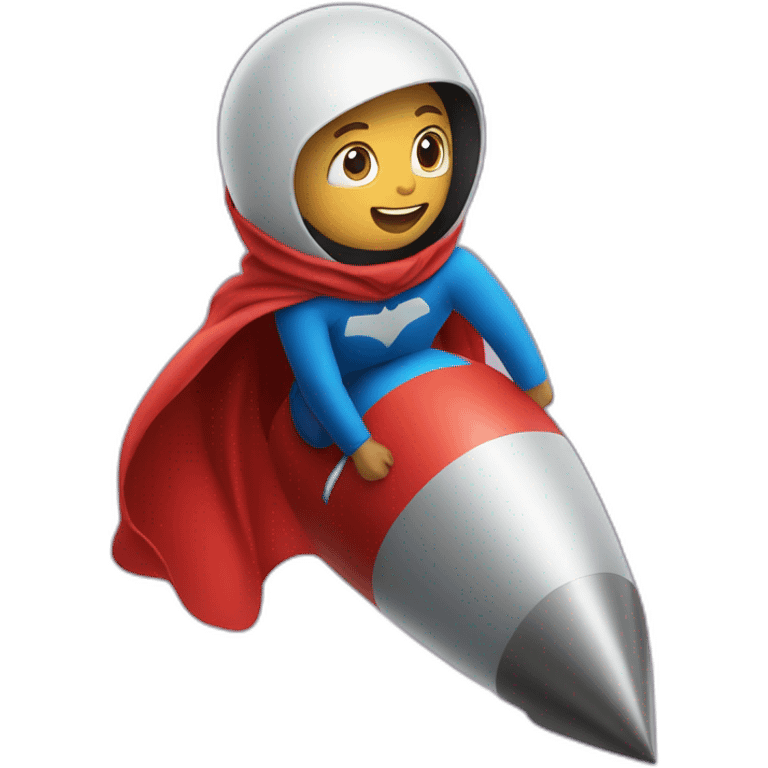 person dressed with a superhero cape but without mask is riding on a rocket emoji