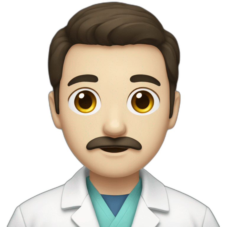 Young, dark-haired, blue-eyed man with a moustache and goatee wearing a doctor's coat emoji