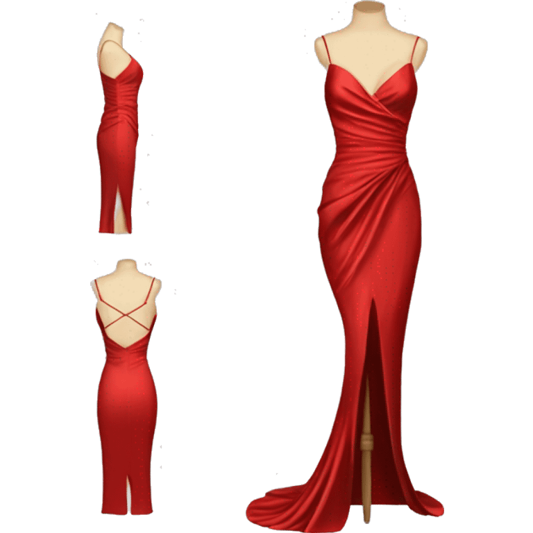 Red satin evening gown with spaghetti straps, a V-neck, ruched waist, and a high side slit. Designed as a standalone item, without a mannequin or person, similar to the tuxedo emoji style. emoji