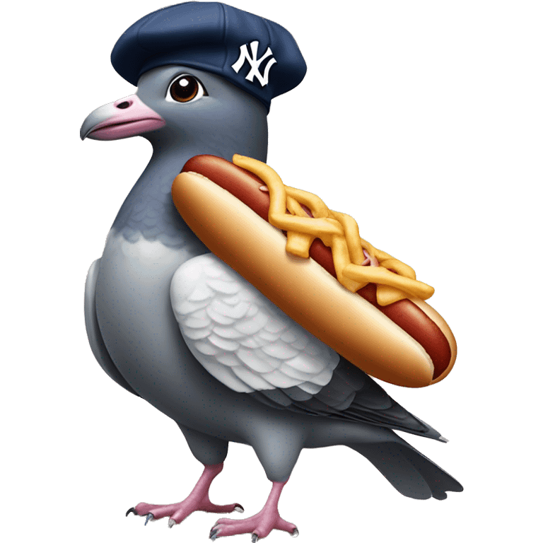 pigeon wearing New York yankee hat while standing on a hotdog emoji