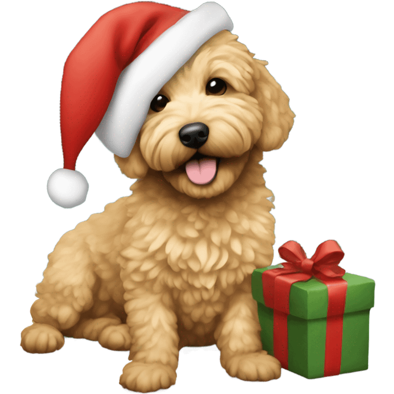 Small golden doodle wearing a Santa hat under a Christmas tree emoji