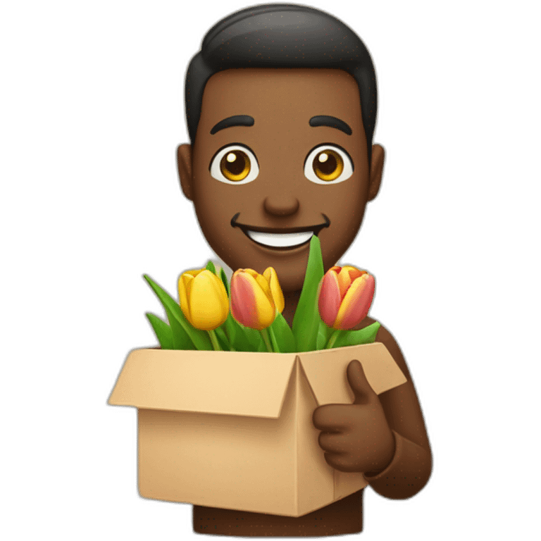 The man holds a box in which lies tulips made of wood and smiles. The man has a beautiful smile emoji