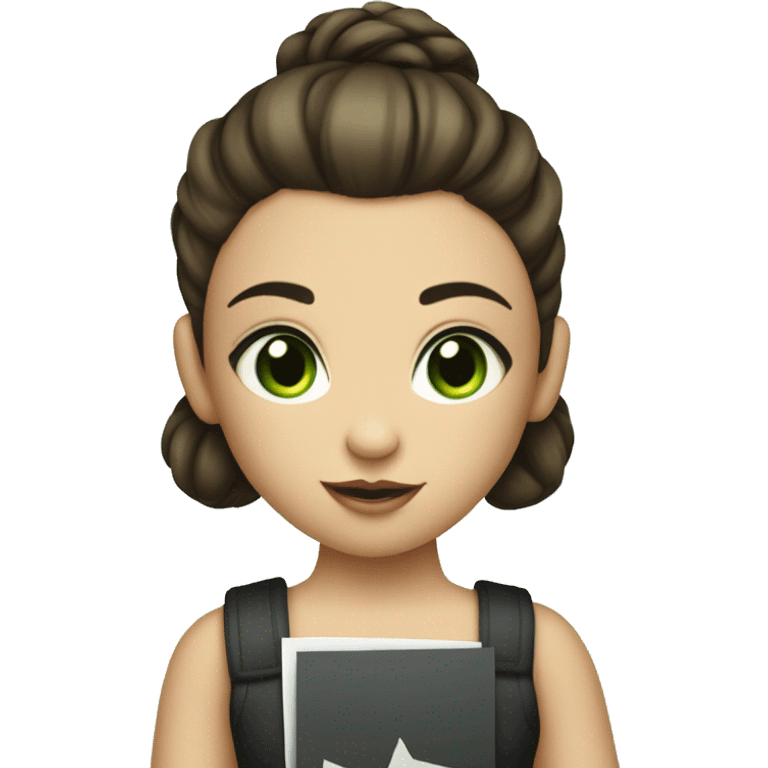 young girl with brunette hair tied up in a high bun and brunette hair, light green eyes  is holding a sign with a big 10 emoji