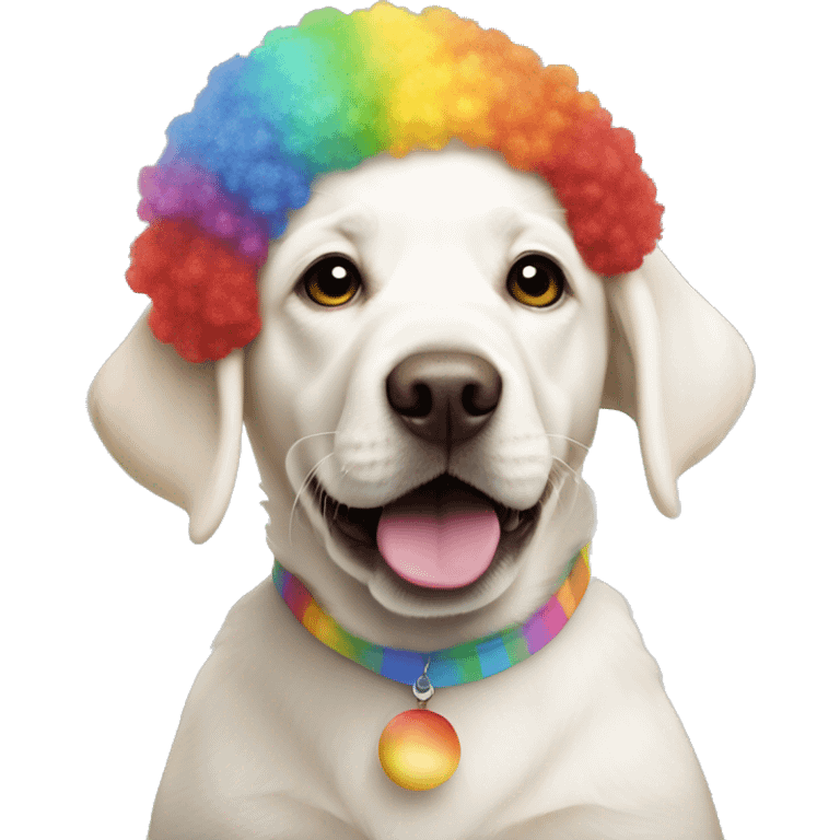 A white Labrador puppy wearing rainbow clown wig and red clown nose  emoji