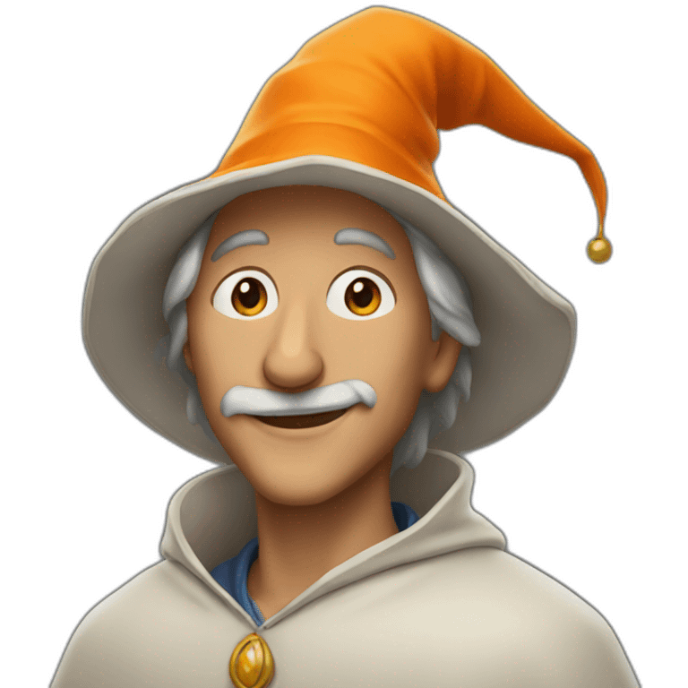 portrait of a wizard smiling, Merlin style, with an orange hat emoji