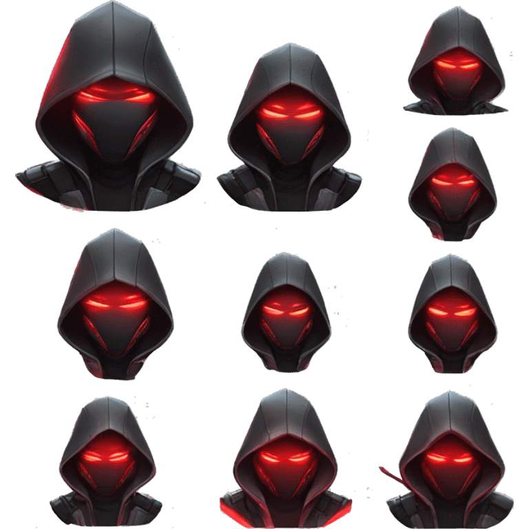 developer behind his laptop with this style : crysis Cyberpunk Riot Games Valorant neon glowing bright red character red dark black hooded assassin themed character emoji