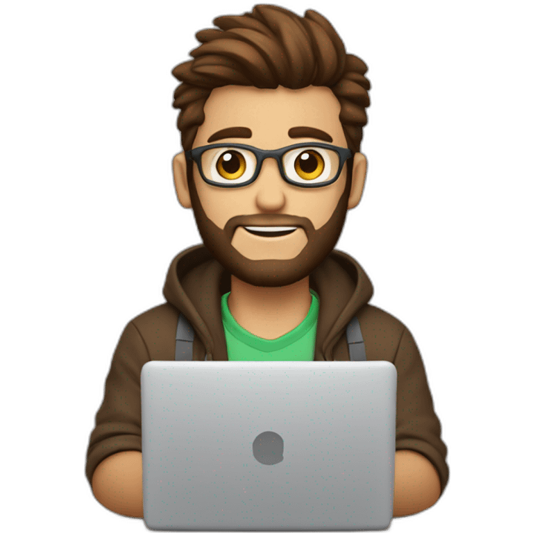 Cute programmer on his laptop looking front with a brown quiff as a hair and brown eyed with a bit of a beard emoji