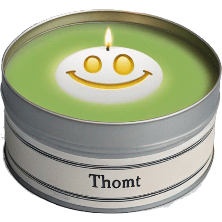 pretty matcha scented candle in silver tin with vintage label realistic emoji