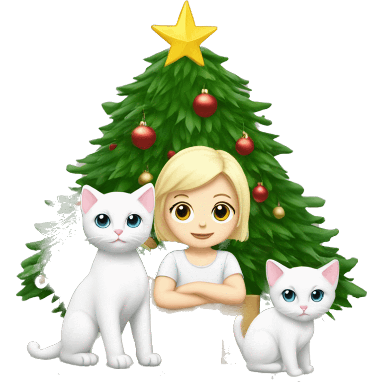 Blond baby with two white Sibirien cats next to a Christmas tree emoji