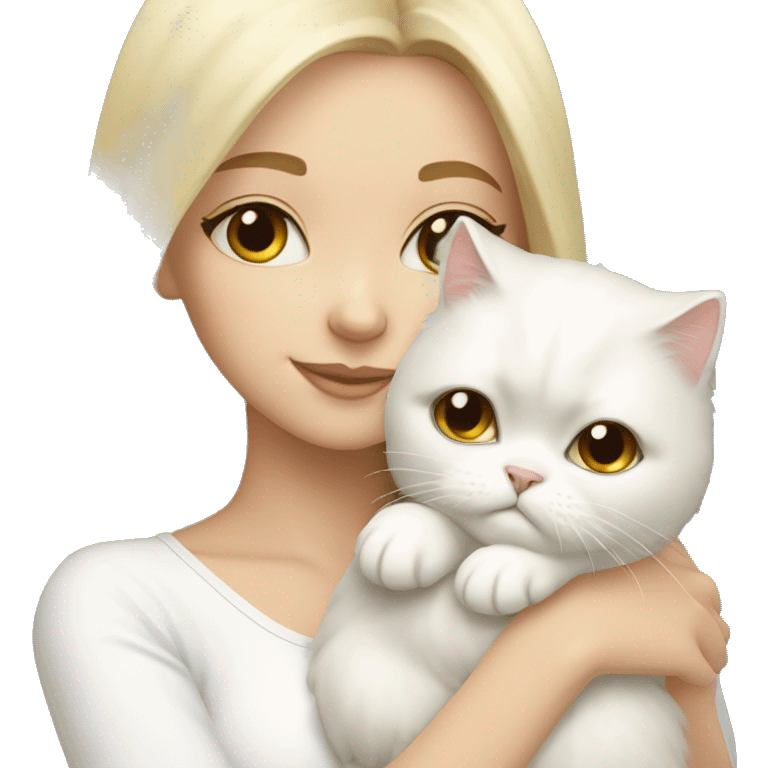 Blonde girl snuggling white Persian cat emoji