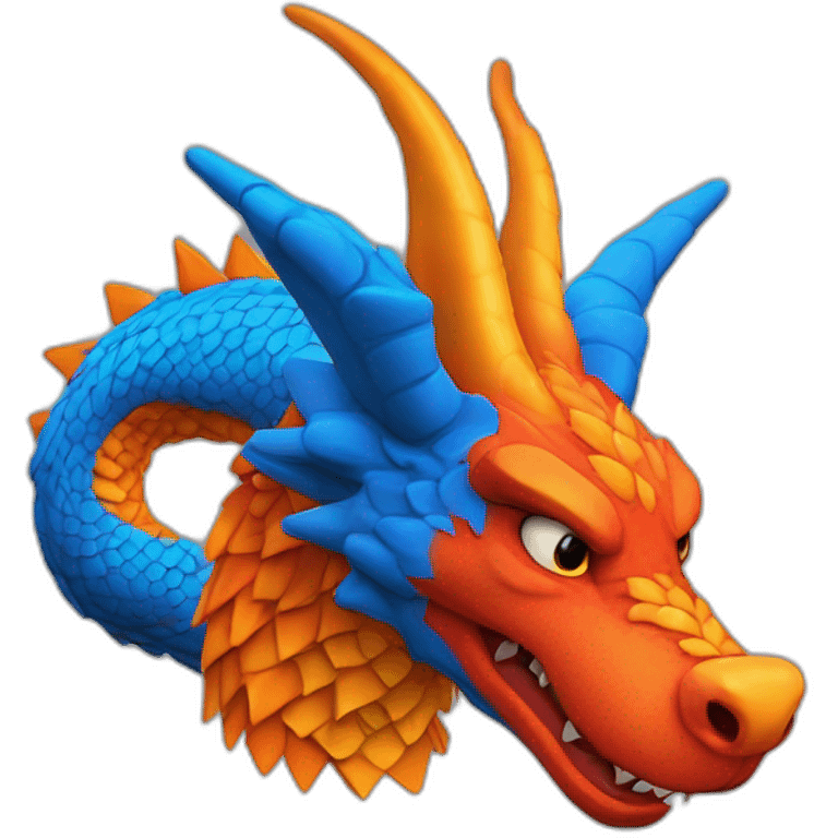 Un dragon mi loup de couleur rouge, bleu et orange moutardes, avec des corne orange moutard. Il qui crache du feux emoji