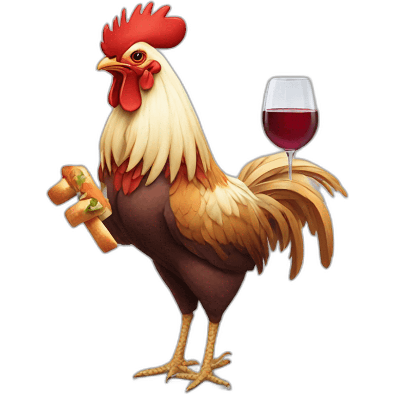 Rooster hanging a baguette under his wing and a glass of wine under the other wing emoji