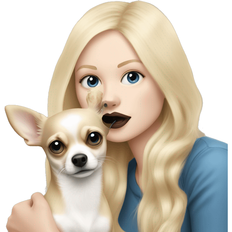 Blonde blue eyed, pale skin woman kissing her chihuahua, the chihuahua has the color of black and white, the chihuahua has long coated  emoji