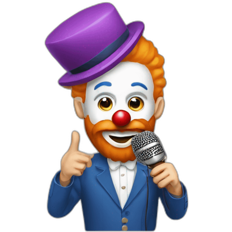 radio presenter with beard and with a microphone on his hand dressed as a silly clown emoji