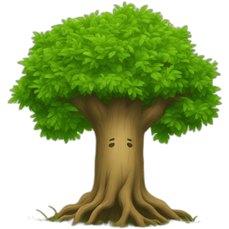 a tree with a strong trunk and roots with grass around it emoji