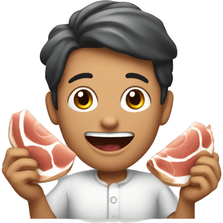 una cara de felicidad con manos y piernas comiendo jamon emoji