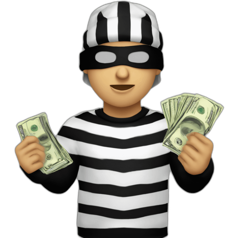 robber with blonde hair wearing a black beanie and a long sleeved white and black horizontally striped t-shirt and wearing black eye mask and holding a bag of money  emoji