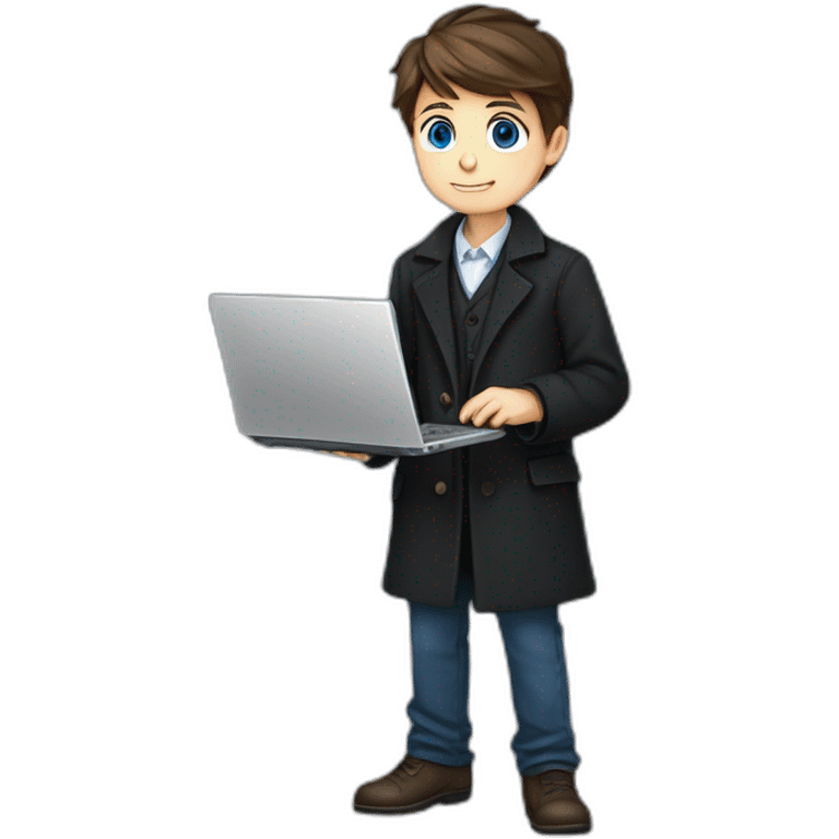 Blue eyes ,uses laptop in hands, uses laptop in hands, Blue eyes, Classy programmer, 13 years old, coat, formal outfit, pc in hands, brunette boy, black coat, all body emoji