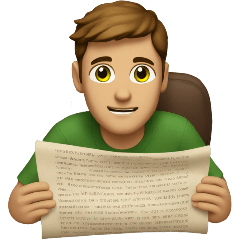 a light-skinned green-eyed man with brown hair sitting in front of the paper scroll  emoji