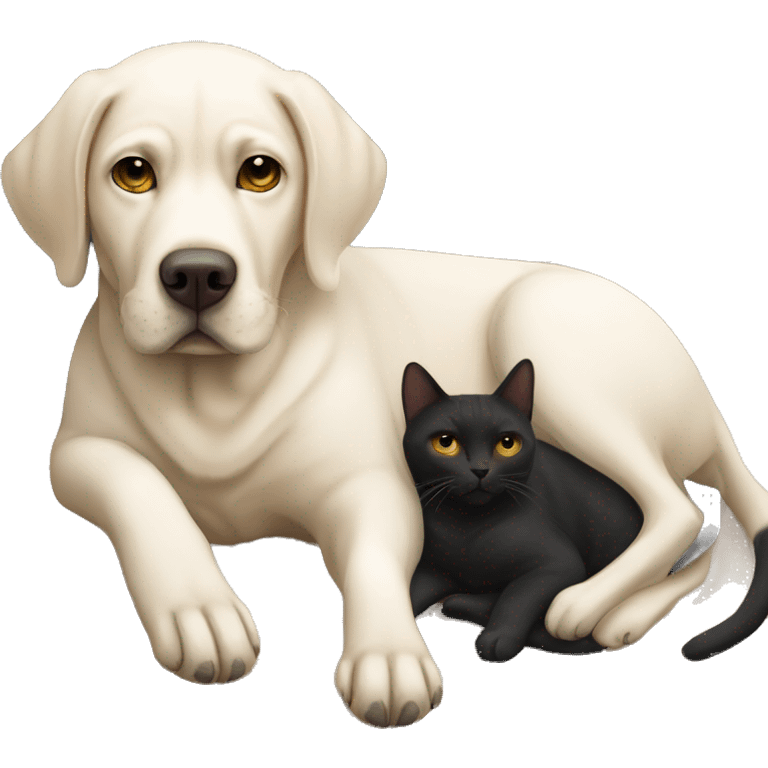 White Labrador laying with a black Labrador with an American short hair cat looking grumpy emoji