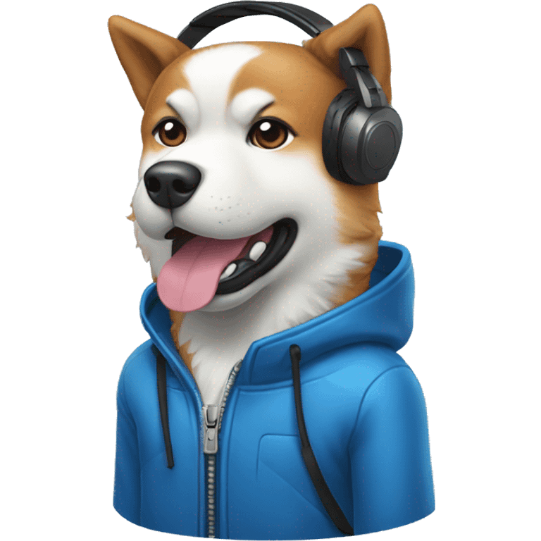 red dog akita inu  in blue jacket, with microphone and gaming headsets emoji