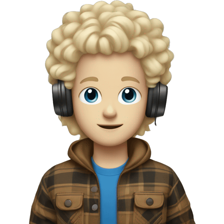 white kid with blonde fluffy hair with headphones and a plaid tan jacket on with blue eyes emoji