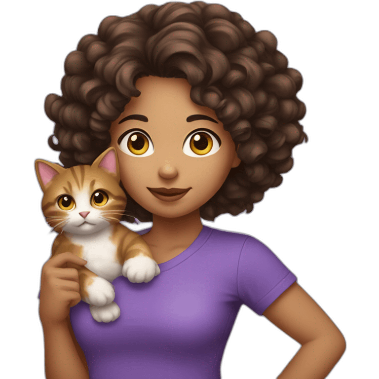 young-women,dark-long-curly-brown-hair,using-purple-tshirt,holding-a-kitty emoji