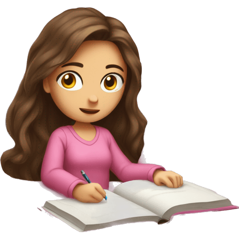 brunette long hair, girl in pink bed, studying  emoji