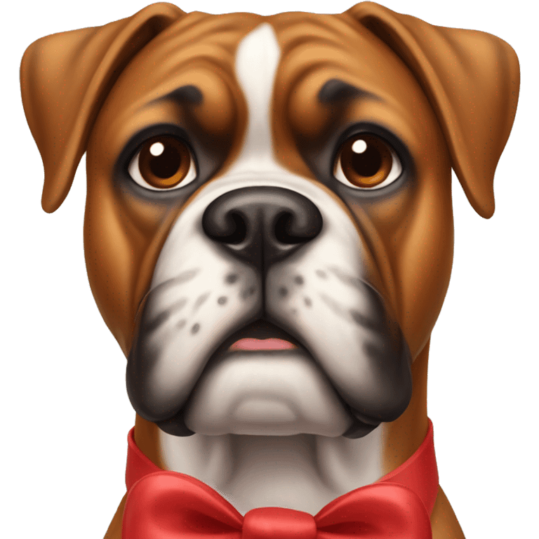 Boxer dog with a red bow on her neck and no bow on her head emoji