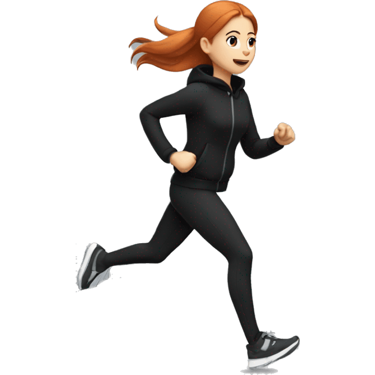 Redhead girl with straight hair, running in all black outfit in winter with white headphones (2D) emoji