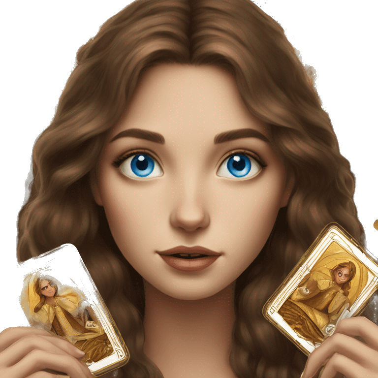 Brown hair blue eyes beautiful girl with brown tarot gold cards emoji