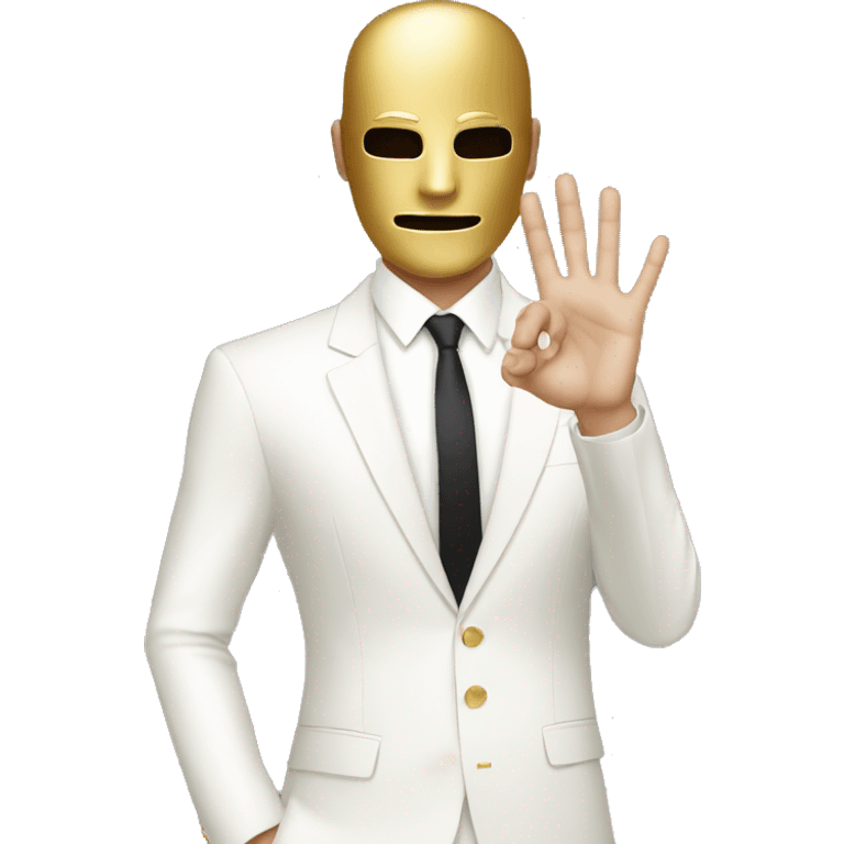 White suit Guy with gold Mask raising his right hand and looking down emoji