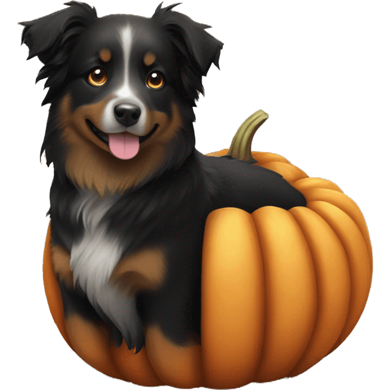 Small black australian shepherd dog in a pumpkin emoji