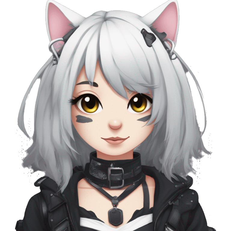 Gorgeous gothic dark techwear anime style anthro cat with blushing face aesthetic and pretty edgy black with collar and harness trending style emoji