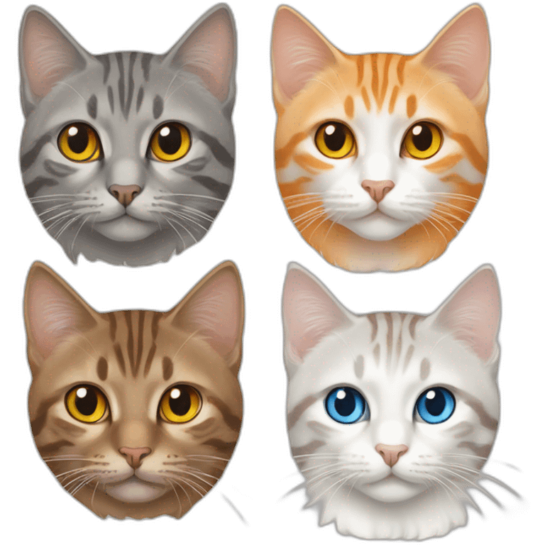 three cats, 1 grey tabby blue eyes, 2 orange tabby yellow eyes, 3 all orange orange eyes emoji