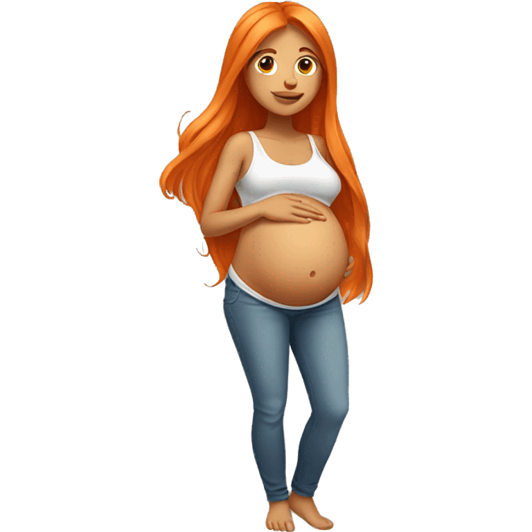 Tan girl with long orange hair holding pregnant stomach emoji