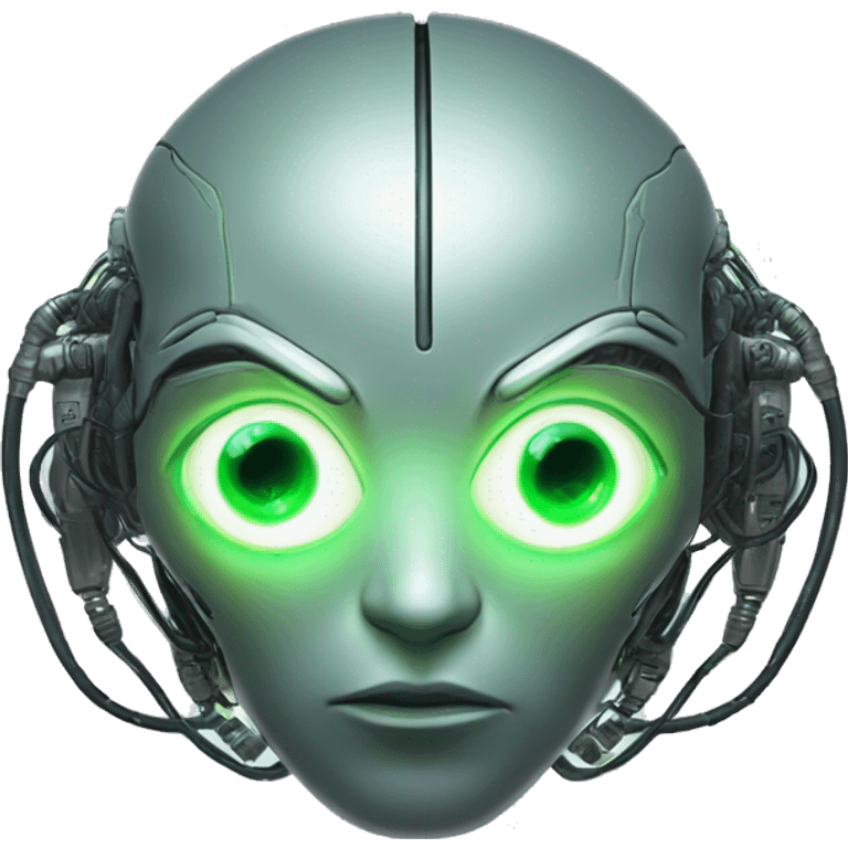 Round Alien cyborg head with glowing wires and green eyes  emoji