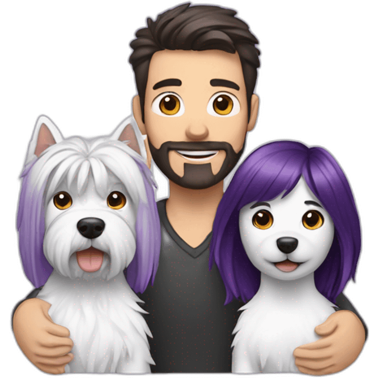 a family consisting of 1 white man with dark brown hair, 1 white woman with purple hair and 1 happy west highland white terrier emoji