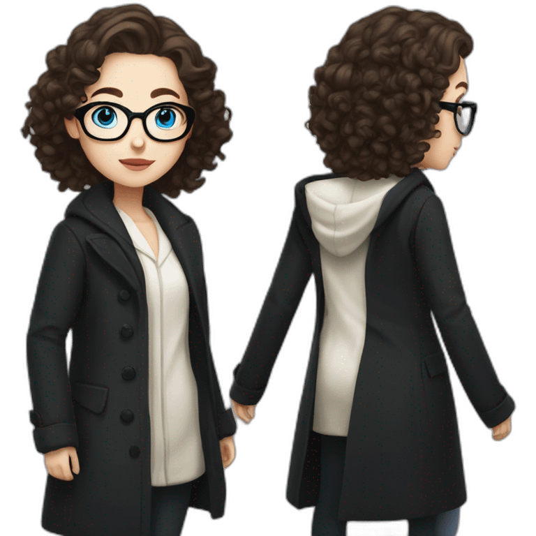 full length girl in a black coat, glasses with big blue eyes and white skin and curly brown long hair and aristocratic high cheekbones emoji