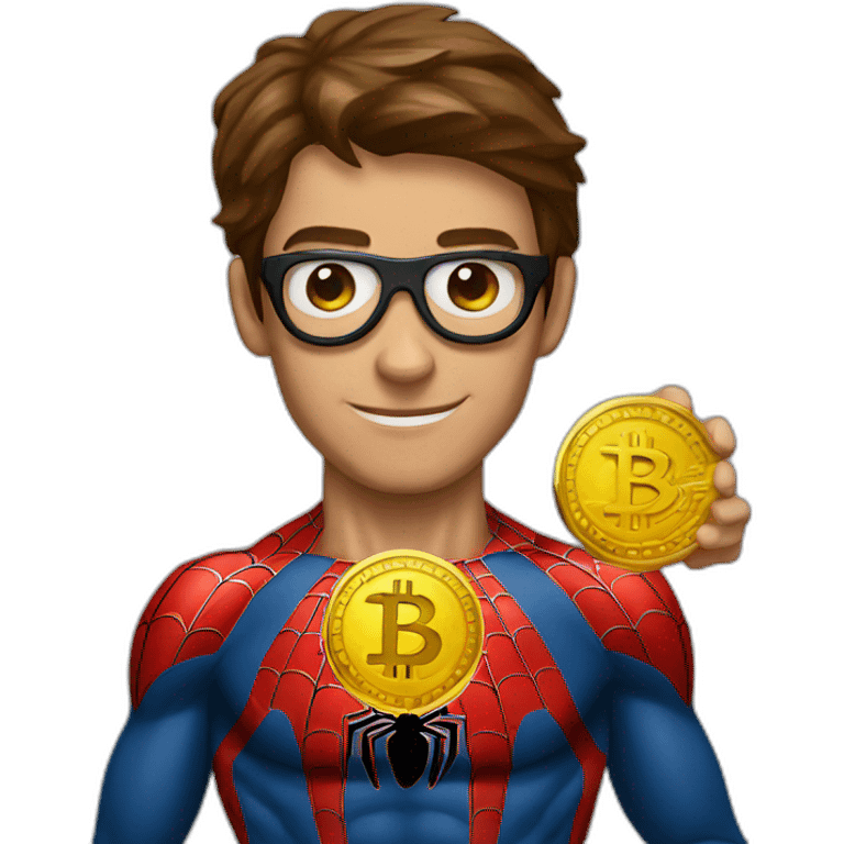 Spiderman holding a bitcoin emoji