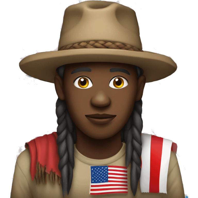 African tribe member with a red hat and an American flag with a dirt hut emoji