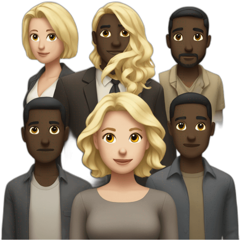 six dark-skinned men stand behind a pale blonde woman emoji