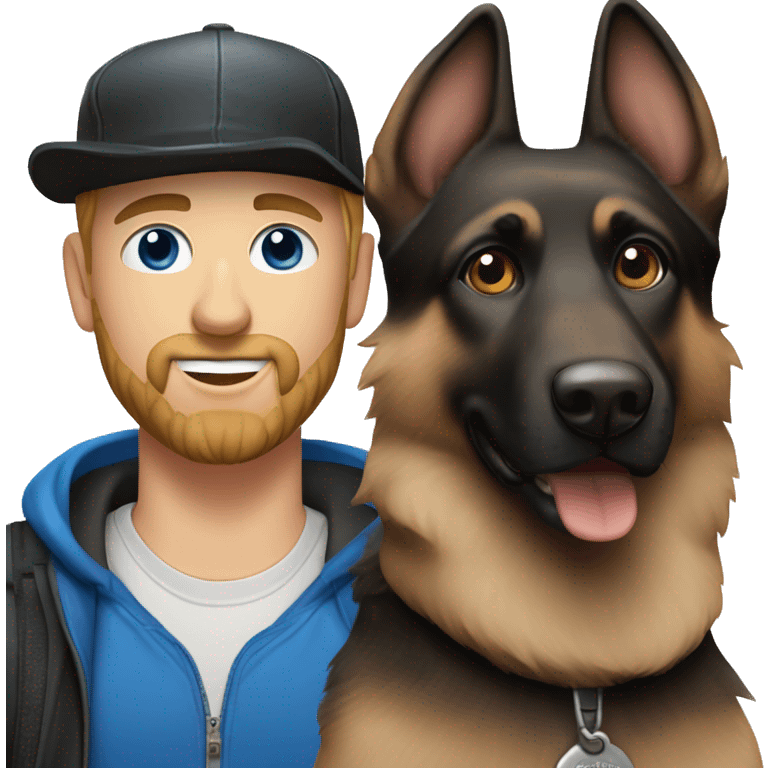 white male with blue eyes, a black beard and a baseball hat alongside a black and brown german shepherd  emoji