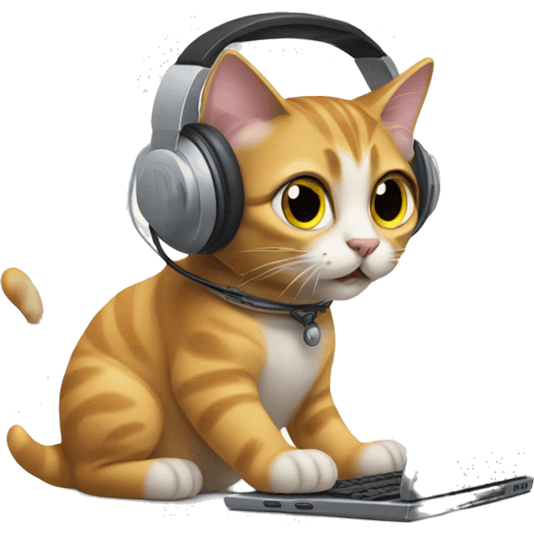 Cat typing on a computer wearing a headset emoji