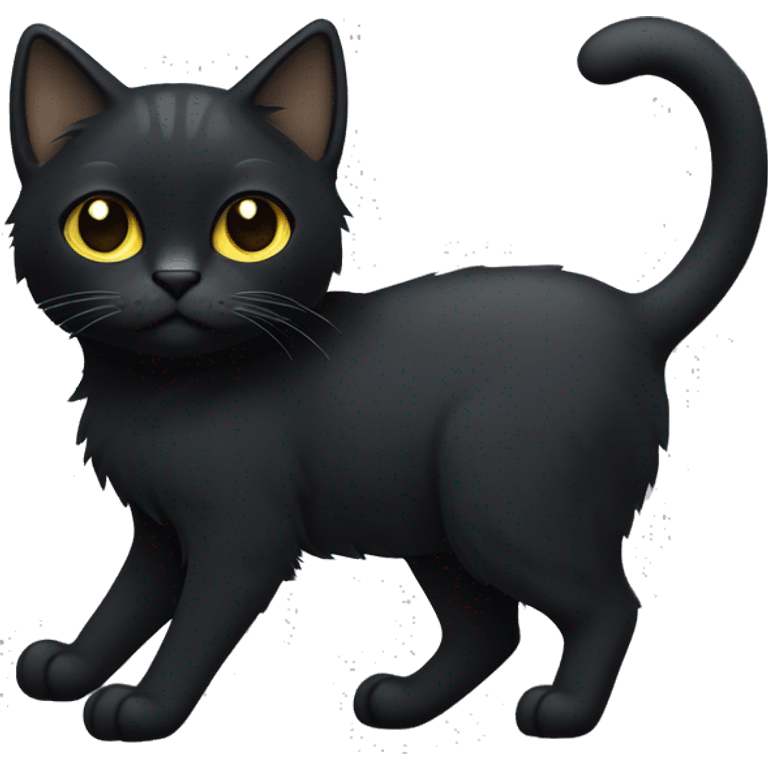 Full-body of a petite, solid black-furred cat with light yellow eyes, short fur, and small pointed ear tufts that blend into the black fur on the tips of its ears emoji