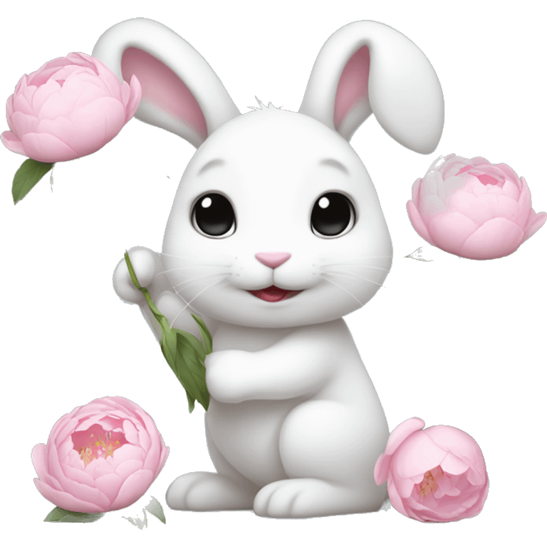 cute white bunny holding light pink peonies emoji