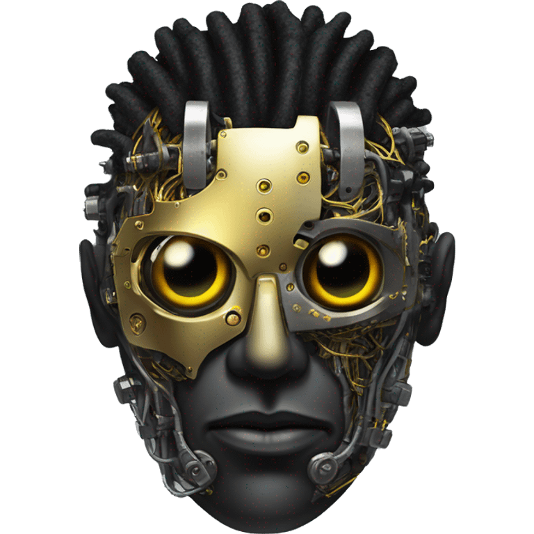 black metal male cyborg head with  one artificial eyeball, circuitry, goatee and dreaded yellow gold hair emoji